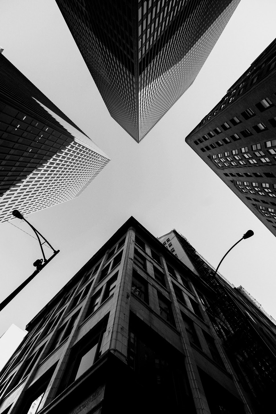 Looking up at modern skyscrapers